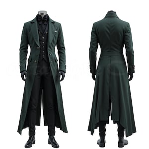 May include: A dark green, long coat suit with a matching vest, pants, and bow tie. The coat has a double-breasted design with buttons and a long, flowing skirt. The suit is displayed on a mannequin.