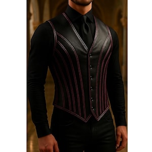 Puede incluir: Chaleco de cuero negro con costuras verticales rojas. El chaleco tiene cuello en V y cierre de botones. Se lleva sobre una camisa negra de manga larga y pantalones negros. El estilo es formal y elegante.