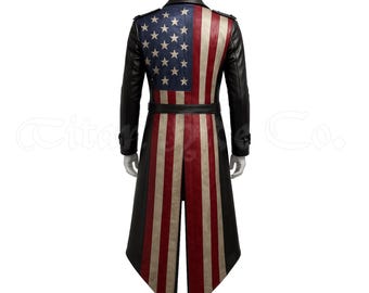 Chaqueta larga patriótica para hombre, hecha a mano con bandera estadounidense, gabardina gótica steampunk, disfraz de cosplay