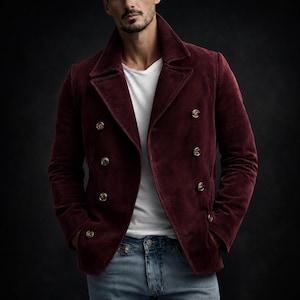 Blazer de cuero de gamuza burdeos para hombre – Chaqueta de cuero suave y elegante de doble botonadura estilo victoriano – Prenda de abrigo de lujo