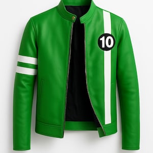 May include: Green leather jacket with a white stripe and the number 10 on the front. The jacket has a black lining and a zipper closure. White stripes are on the left sleeve.