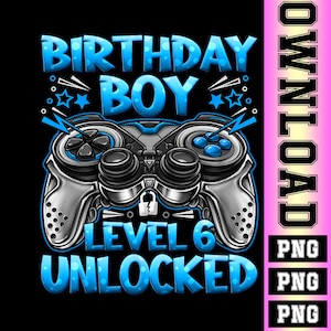 May include: Black graphic tee with a blue and silver video game controller design. Text reads "BIRTHDAY BOY LEVEL 6 UNLOCKED" in blue. Stars and accents complete the design. A fun birthday gift for a gamer.