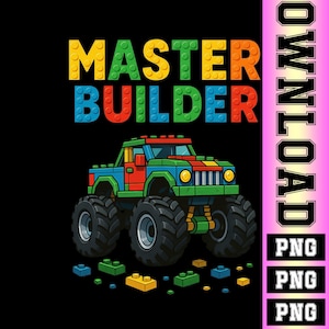 Op de afbeelding: Een kleurrijke afbeelding met een monstertruck gemaakt van speelgoedblokken. De tekst "MASTER BUILDER" staat boven de truck in levendige blokletters. De achtergrond is zwart, met verspreide blokken en een roze "DOWNLOAD"-afbeelding.
