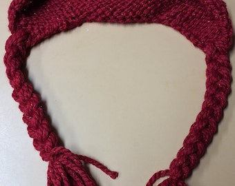 Ear Flap Winter Adult Knit Hat - Cranberry Red - Acrylic