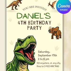Op de afbeelding: Een lichtbeige uitnodiging voor Daniel's 4e verjaardagsfeestje, met dinosaurus illustraties. De tekst luidt "Je bent uitgenodigd!" en bevat de datum, tijd en RSVP informatie. Een Canva logo staat rechtsboven.
