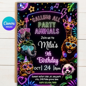May include: A party invitation with a black background and neon graphics. The text reads "Calling All Party Animals" and announces Mila's 9th Birthday. Features illustrations of animals wearing sunglasses and party hats. Includes event details and RSVP information.