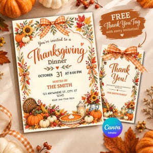Inbjudan till Thanksgiving, inbjudan till Thanksgiving-middag, inbjudan till Friendsgiving, Thanksgiving-knytkalas, tacksamma tillsammans, redigerbar Canvas-mall