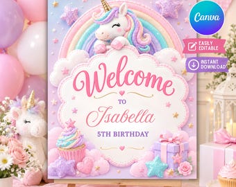Puede incluir: Un cartel rectangular con un unicornio, un arcoíris y nubes con el texto Welcome to Isabella 5th Birthday. El diseño incluye un cupcake, un regalo y estrellas en tonos rosa, morado y azul sobre un fondo claro.