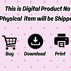 Puede incluir: Fondo rosa con texto blanco: "Este es un producto digital. No se enviar&aacute; ning&uacute;n art&iacute;culo f&iacute;sico". Debajo, iconos negros para un carrito de compras, un s&iacute;mbolo de descarga y una impresora, con las palabras "Comprar", "Descargar" e "Imprimir".
