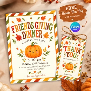 Op de afbeelding: Een Friendsgiving-dineruitnodiging en bijpassend bedankkaartje met een aquarel pompoenillustratie, herfstbladeren en diagonaal gestreepte randen. De tekst bevat evenementdetails, datum, tijd en locatie in een feestelijk herfstthema.