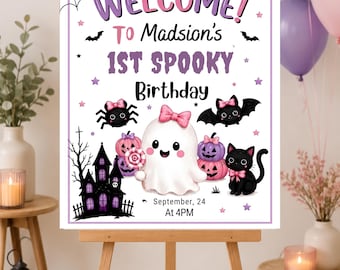 Letrero de bienvenida de cumpleaños espeluznante, fiesta de Halloween de fantasmas rosas, póster de la primera fiesta de cumpleaños de Little Boo, editable en Canva (descarga digital)