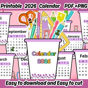Puede incluir: Calendario imprimible de 2026 con dise&ntilde;os mensuales, cada uno en un dise&ntilde;o en forma de taza. El calendario incluye ilustraciones de &uacute;tiles escolares y el texto "Calendario 2026". La imagen tambi&eacute;n incluye el texto "F&aacute;cil de descargar y f&aacute;cil de cortar".