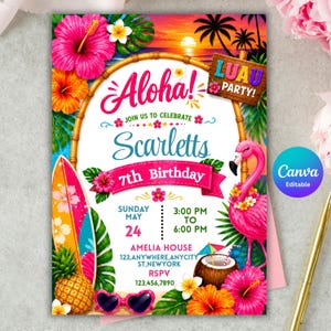 May include: A rectangular Luau party invitation card featuring a sunset beach background, a bamboo frame, a pink flamingo, a surfboard, a pineapple, and hibiscus flowers. The text reads Aloha, Scarletts 7th Birthday, Sunday May 24, 3:00 PM to 6:00 PM, and Amelia House, 123, Anywhere, Anycity St, Newyork, RSVP 123,456,7890.
