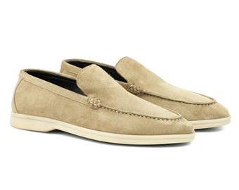 Handmade Beige Suede Loafers: Men's Casual Slip-On Shoes