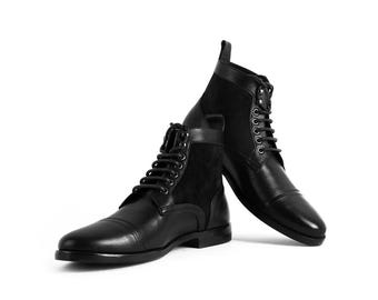 Handmade Black Leather Combat Boots: Crafted Military Biker Lace-Up