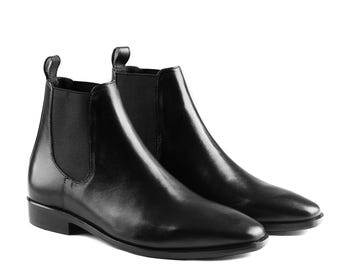 Bottines chelsea en cuir noir pour hommes faites à la main/robe en cuir de vachette véritable Chaussures habillées