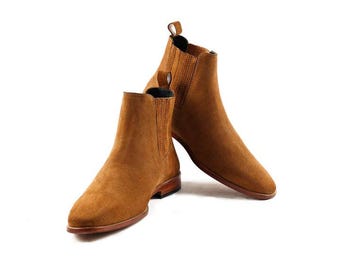 Handmade Tan Suede Leather Chelsea Boots: Men's Slip-On Ankle Boots