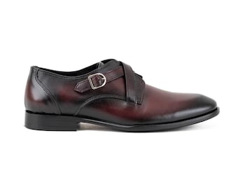 Handmade Burgundy Black Leather Double Monk Strap Dress Shoes