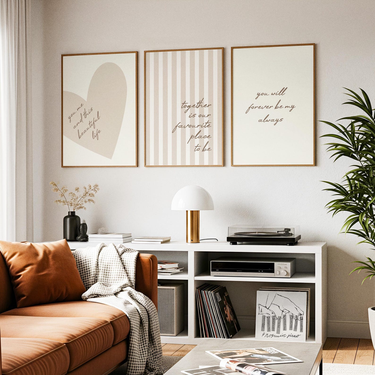 Neutral Beige Striped Wall Art Set of 3 Prints, Minimalist Heart Quote ...