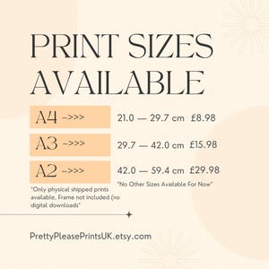 May include: Print sizes available, A4, A3, and A2, are listed with dimensions in centimeters. The image includes the text "Print Sizes Available" and the Etsy shop name "PrettyPleasePrintsUK.etsy.com".