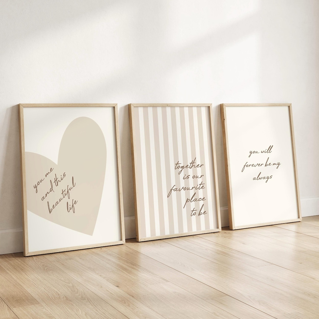 Neutral Beige Striped Wall Art Set of 3 Prints, Minimalist Heart Quote ...