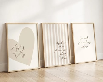 Neutral Beige Striped Wall Art Set of 3 Prints, Minimalist Heart Quote Prints, Couple Love Wall Decor, Scandinavian Bedroom Living Room