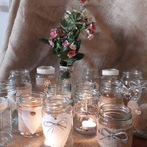 12  Rustic Wedding Table centrepiece Decoration Jars Decorated in  hessian jute pearls flowers hearts perfect for flowers or Tea lights