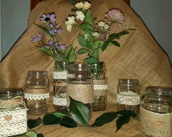 6 Vintage  Rustic Wedding Table Decorations Upcycled Jars Hand Decorated with hessian jute pearls and lace