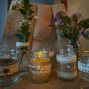 12 Vintage  Rustic Wedding Table Decorations  various Jars Hand Decorated with hessian jute pearls and lace