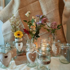 12  Table Centrepiece wedding Jam  Jars, rustic style hand decorated with Jute lace pearls. Ideal for flowers or tea lights