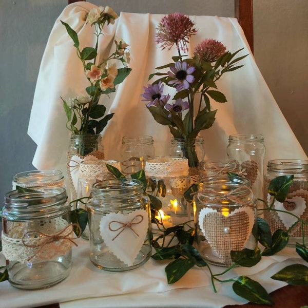 6 Or 12  Wedding Jar Candles Table Centrepiece.Traditional Rustic Vintage style Hand Decorated