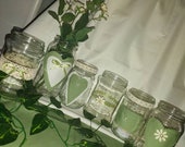 6 Sage green and Cream Wedding centrepiece Hand Decorated upcycled Jars in a rustic Barn Woodland style for flowers or Tealights