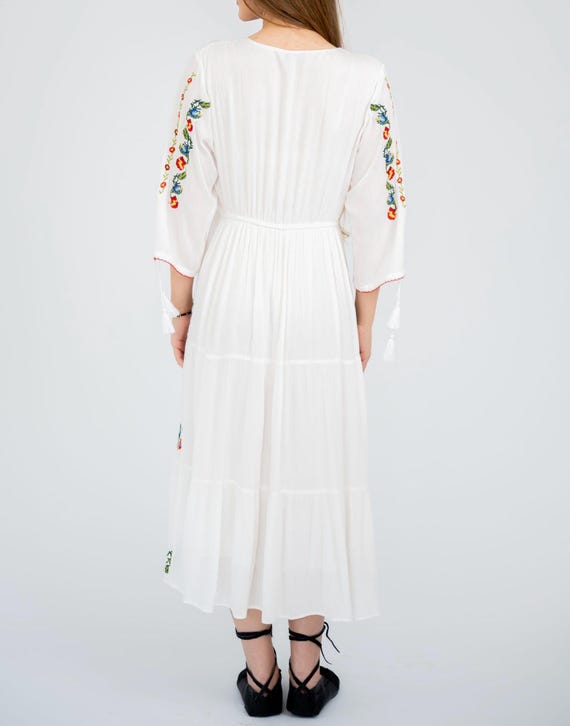 white embroidered folk dress Valletta Bustier Midi Dress - White Multi