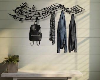 Music Notes Metal Wall Coat Rack: Entryway Organizer, Ergonomic Design, Modern Melodic Key Holder, Gift for Music Lover