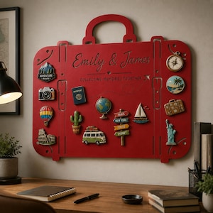 May include: A red suitcase-shaped wall display board featuring the text Emily & James and COLLECTING MEMORIES TOGETHER. It is decorated with various travel-themed magnets including a compass, camera, hot air balloon, globe, and landmarks.