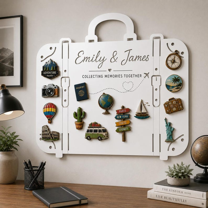 May include: A white suitcase-shaped wall display board featuring the text Emily & James and COLLECTING MEMORIES TOGETHER. The board is decorated with various travel-themed magnets including a camera, hot air balloon, globe, cactus, van, sailboat, compass, and signs for Paris, New York, Tokyo, and Sydney.