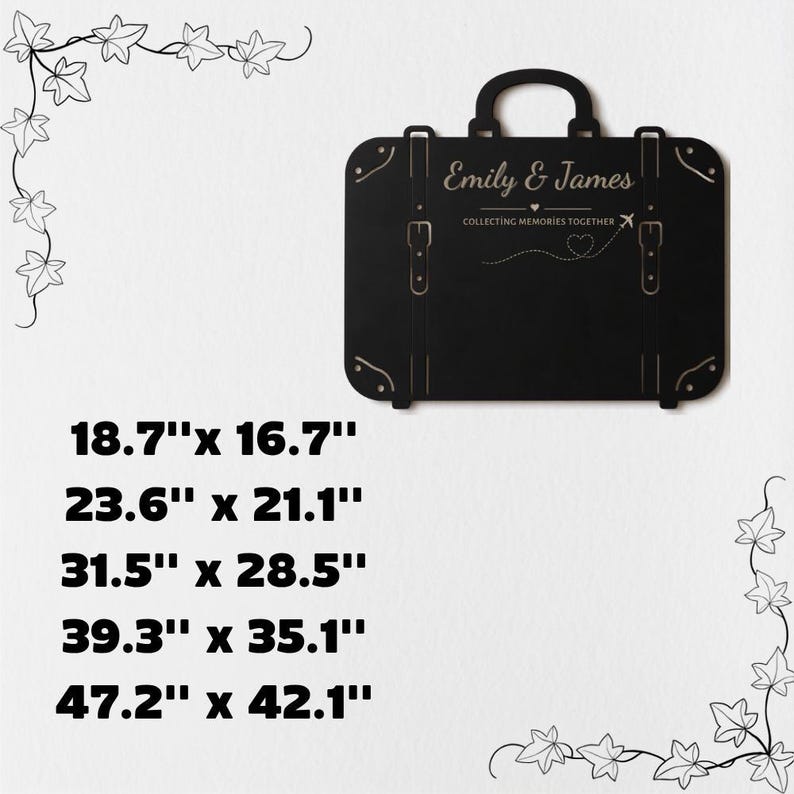 May include: A black suitcase-shaped wall sign featuring the engraved names Emily & James, the text COLLECTING MEMORIES TOGETHER, an airplane icon, and a dotted flight path. Available in sizes 18.7"x 16.7", 23.6"x 21.1", 31.5"x 28.5", 39.3"x 35.1", and 47.2"x 42.1".
