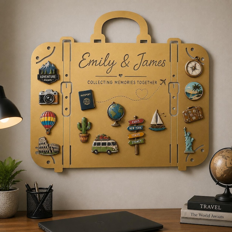 May include: A gold-colored metal wall display shaped like a suitcase, featuring the text "Emily & James" and "COLLECTING MEMORIES TOGETHER." It is decorated with various travel-themed magnets, including a camera, globe, passport, and landmarks.