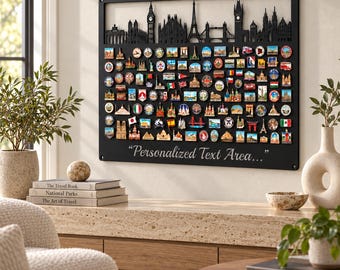 May include: A rectangular black metal wall display board featuring a laser-cut skyline silhouette at the top and numerous colorful souvenir magnets arranged in rows. The bottom section includes the white text Personalized Text Area.