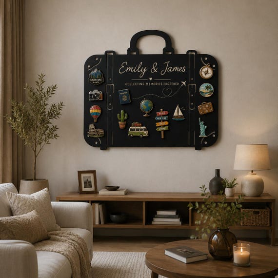 Custom Suitcase Metal Magnet Board, Travel Memories Notice Sign, Personalized Luggage Photo Holder