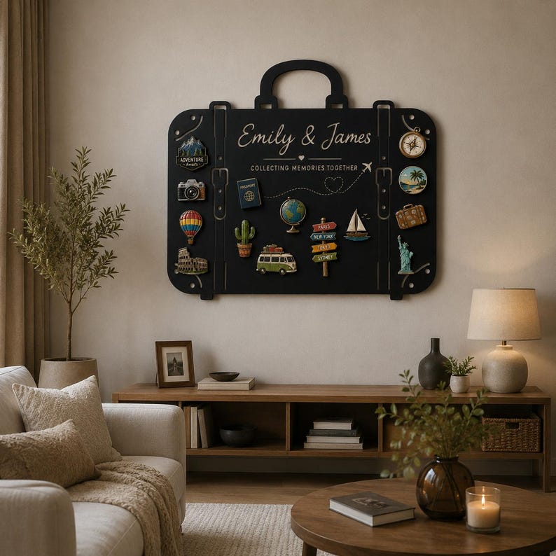 May include: A black suitcase-shaped wall display board featuring the text Emily & James and Collecting Memories Together. It is decorated with various travel-themed magnets including a camera, globe, passport, cactus, van, and landmarks.