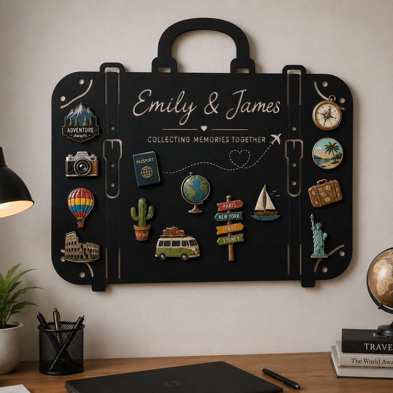 May include: A black suitcase-shaped wall display board featuring the text Emily & James and COLLECTING MEMORIES TOGETHER. It is decorated with various travel-themed magnets including a camera, globe, cactus, van, and landmarks like the Statue of Liberty.