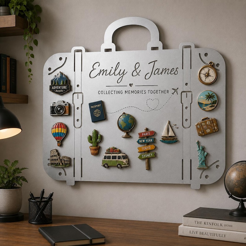 May include: A silver metal wall display shaped like a suitcase, featuring the text Emily & James and COLLECTING MEMORIES TOGETHER. It is decorated with various travel-themed magnets including a camera, globe, cactus, van, and city signposts.