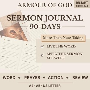 Diario de notas del sermón "La Armadura de Dios" - Reflexión cristiana semanal de 90 días (PDF imprimible)