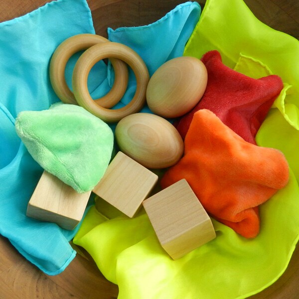 Natural Baby Toy Gift Set - Blocks, Bean Bags, Playsilks, and Teething Rings
