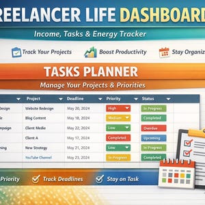 Könnte beinhalten: Grafik eines digitalen Dashboards mit dem Text "Freelancer Life Dashboard" und "Tasks Planner". Es enthält eine Aufgabenliste, einen Kalender, einen Klemmbrett und einen Wecker. Das Dashboard dient zur Verfolgung von Einkommen, Aufgaben und Energie.