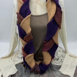 Braided Knit Infinity Scarf, Purple Cowl, Hand Knit Acrylic