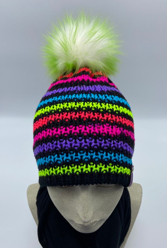 Rainbow Stripe Knitted Beanie, Lime Faux Fur Pom - Etsy display picture 1