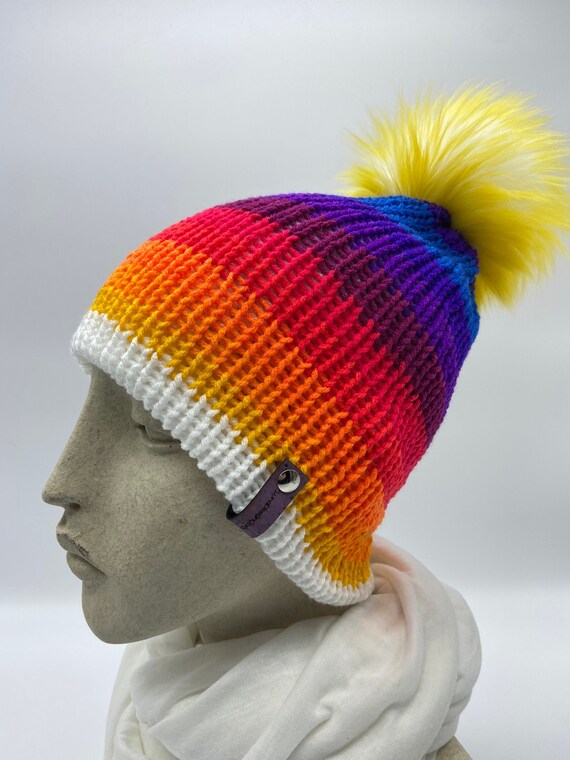 Rainbow Knit Beanie Hat With Yellow Faux Fur Pom, Handmade  display picture 3