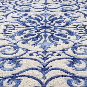 Hand Tufted Wool Rug | Blue White Damask Scroll Carpet | Coastal Scalloped Edge